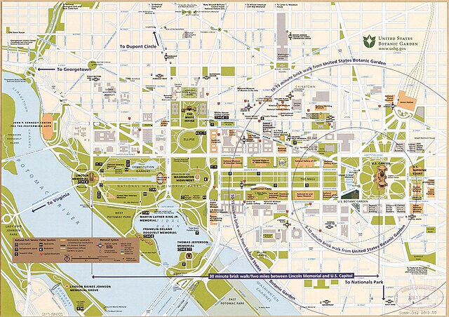 Street map of central Washington D.C. showing parklands and all government buildings.